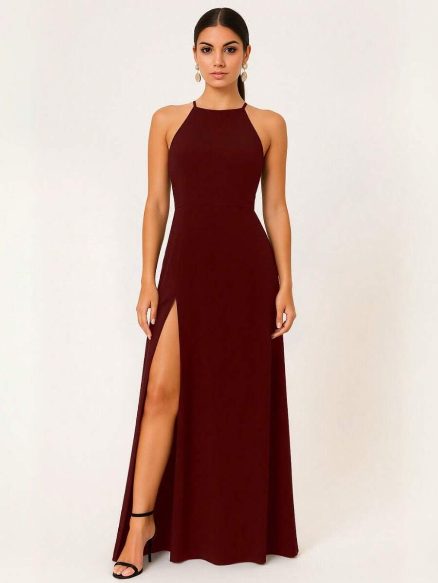 Long Sleeve Party Dress Long Bridesmaid Wedding Slit - 紅木色 - 查看 1