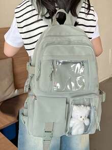 可爱学生书包大容量拉链简约书包带熊书包小学生女中学生高中生大容量双肩书包时尚休闲校园配对电脑书包 - 粉色 - 查看 9