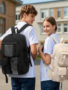 可爱学生书包大容量拉链简约书包带熊书包小学生女中学生高中生大容量双肩书包时尚休闲校园配对电脑书包 - 粉色 - 查看 7