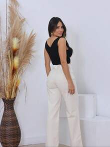 Women's Wide Leg Jeans, High Waist, Butt Lifting Pants - Krem - View 4