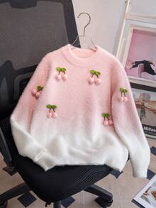 Mädchen süßer Farbverlauf Kirsche Strickpullover, mit Kunstfell gefüttert, geeignet für Alltag, Urlaub, Frühling, Herbst, Winter