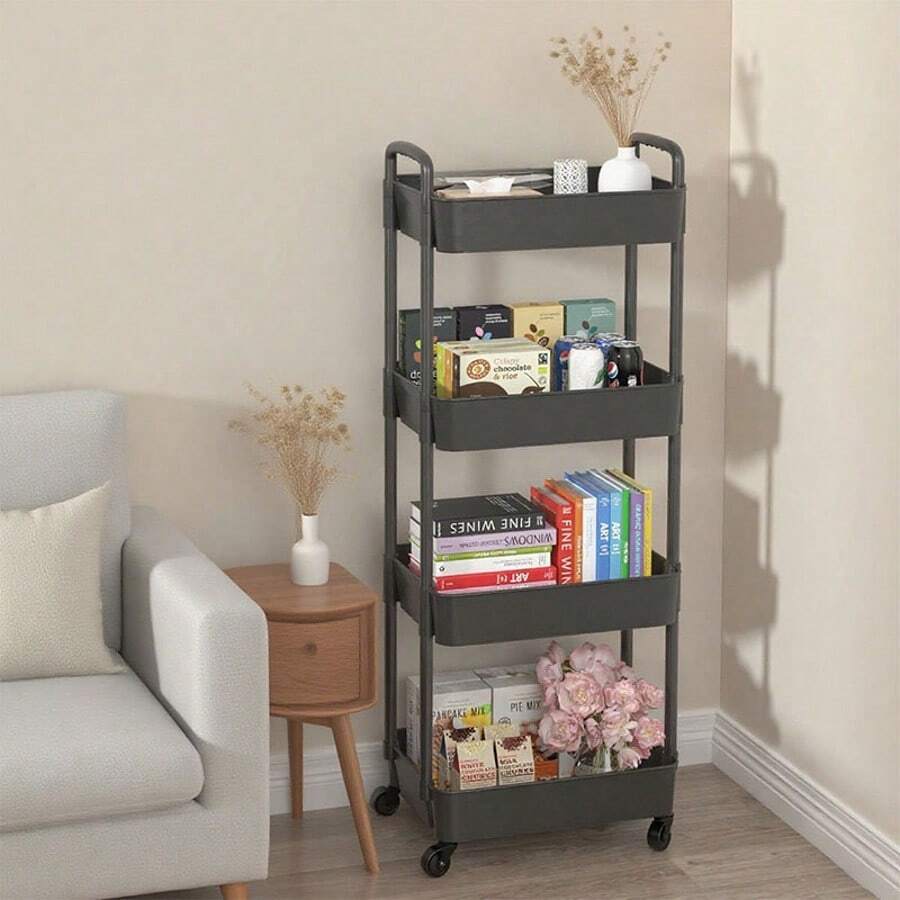Vehículo utilitario de plástico de plástico de 4 capas con mango, carrito de almacenamiento multifunción, adecuado para oficina, sala de estar, cocina, almacenamiento móvil con ruedas, blanco, negro - Negro - Ver 1