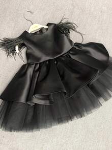 Baby Girl Feather Cuff Princess Dress, Flower Girl Dress For Wedding, Summer - Black - View 4