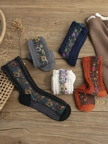 5 Pairs Women's Vintage Floral Knitted Socks - Bohemian Style Crew Socks For Autumn Winter, Warm Comfortable Boot Socks With  Design, Perfect Match For Boots & Dresses, Ideal Festival Gift