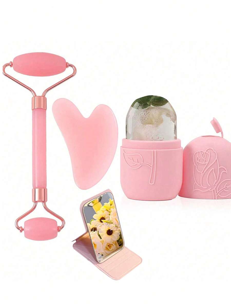 4pcs Ice Roller Facial Skincare Set - Includes Facial Massage Ice Roller, Folding Makeup Mirror, Rose Quartz Roller With Massage Head And Gua Sha Board, For Relieving Facial And Eye Puffiness, Facial Contouring And Enhancing Skin Care And Glow, Suitable For Eyes, Neck And Face, Ice Roller Mold Cube - Skincare Tools. Summer Ice Massage Supplies, Office Supplies, School Supplies, Travel Essentials.,Beauty,Skin Care Products,Spa,Self Care,Skin Care Tools,Face Care,Esthetician Supplies,Massage,Face Massage Tool,Face Roller