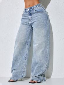 低腰阔腿休闲蓝色做旧斜插口袋弧形裤脚女式牛仔裤，秋季款 - 藍色 - 查看 3