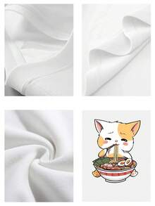 Camiseta Tops casuales de mujer con estampado gato comiendo ramen 220 g de algodón puro grueso y cómodo - Blanco - Ver 4