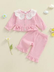 Baby Girl Fall Outfits Button Down Bows Ruffled Trim Doll Collar Long Sleeve Tops And Solid Pants 2 Pcs Set - 粉色 - 查看 1