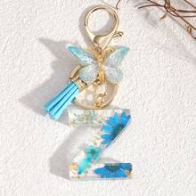 Fashionable Butterfly Tassel Flower Initial Keychain For Girl And Ladies, Blue Cute Dry Flower Dandelion Letter Key Chain, Backpack/Handbag Decoration Gift Bag Accessories Lanyards With Id Holder Car Accessories Bag Charms Christmas Car Accessories Teacher Friend Sister Gift Ideas