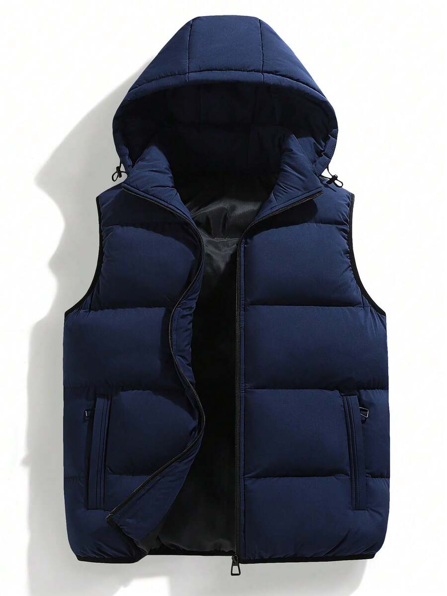 Men's Detachable Hood Solid Color Vest Jacket, Autumn/Winter - Blue - View 1