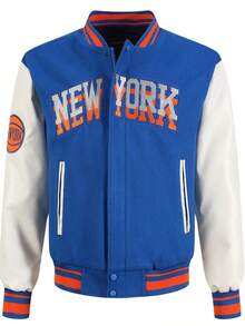 Men's Blue Baseball Jacket High End Embroidered Leather Fashionable Street Style Sportswear Casual Classic Retro Sportswear Patchwork PU Long Sleeved Hip-Hop Motorcycle Jacket , Fall/Winter - 藍色 - 查看 1