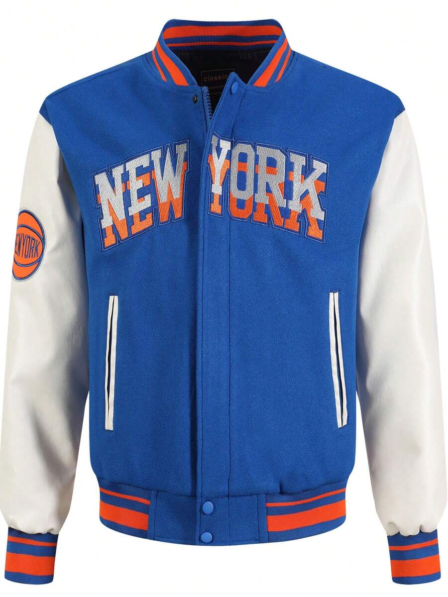 Men's Blue Baseball Jacket High End Embroidered Leather Fashionable Street Style Sportswear Casual Classic Retro Sportswear Patchwork PU Long Sleeved Hip-Hop Motorcycle Jacket , Fall/Winter - 藍色 - 查看 1