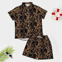 Mens Hawaiian Shirts And Shorts Set 2 Pieces Tropical Outfit Flower Print Button Down Beach Suit With Bucket Hats Mens Shirts Graphic - Hoa văn trang trí màu đen và vàng - Xem 4