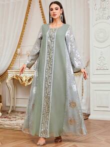 Robe longue à manches longues avec appliqués de paillettes et empiècements dorés, nouvelle collection festival pour femmes. Élégante pour les fêtes, la maison et le style décontracté. Robe de printemps - Gris - Voir 6