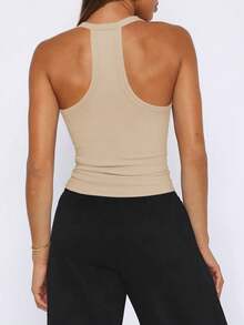 Estilo europeo y estadounidense Top corto ajustado con diseño sexy de espalda descubierta, cuello en V profundo y hueco, elástico, para verano - Albaricoque - Ver 2