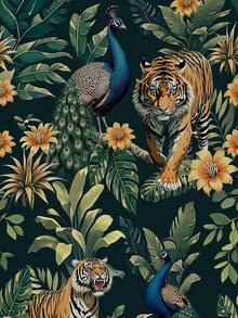 1 Roll Retro Green Forest Self-Adhesive Wallpaper, Tiger Peacock Floral Plant Pattern, Peel And Stick, Waterproof Wallpaper, Removable Contact Paper, Easy To Install, Suitable For Home Decor, Bedroom, Living Room, Kitchen Wallpaper, Furniture Cabinet Surface Renovation Stickers, Back To School Season And Autumn Holiday Gift, 17.32* 118.11/196.85 Inches