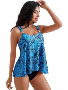 High Waisted Ruffle Tankini Swimsuit Plus Size Tummy Control - Blue Paisley - View 11
