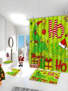 Cheerful Neon Green Christmas Cartoon Bathroom Set . Festive Holiday Decor | Cute Christmas Tree Wearing Santa Hat, Paired With Gifts, Candies And Snowflake Elements | Repeated "Ho" Text Adds Playfulness | Overall Design Is Bright And Lively, With Vivid Colors, Suitable For Children Or Households Who Enjoy Novel Colors | Includes Shower Curtain, Toilet Seat Cover, Bath Mat And Pedestal Mat