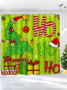 Cheerful Neon Green Christmas Cartoon Bathroom Set . Festive Holiday Decor | Cute Christmas Tree Wearing Santa Hat, Paired With Gifts, Candies And Snowflake Elements | Repeated "Ho" Text Adds Playfulness | Overall Design Is Bright And Lively, With Vivid Colors, Suitable For Children Or Households Who Enjoy Novel Colors | Includes Shower Curtain, Toilet Seat Cover, Bath Mat And Pedestal Mat