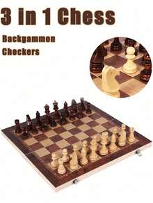 1 Stücke handgefertigter Holz Falt Schach Internationales Set, Mini 24 x 24 cm handgefertigtes Spielbrett zum Verstauen, 3-in-1 Schachbrett Spiel (Schach, Dame, Backgammon), geeignet für erwachsene Anfänger. Die multifunktionalen schwarz-weißen Holzschachfiguren des internationalen Schachspiels können zusammengeklappt werden.