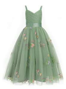 Flower Girls Spaghetti Strap Tulle Dress Long A Line Wedding Pageant Dresses Princess Birthday Party Ball Gown - Green - View 4