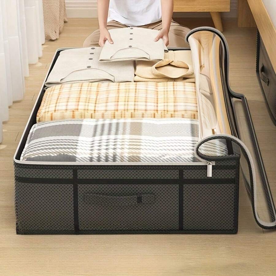 1 Túi đựng đồ dưới gầm giường có thể gấp gọn, Hộp đựng đồ bằng vải cotton chống bụi thông thường, Túi đựng đồ dưới gầm giường chống bụi, chống ẩm dung tích lớn, Hộp đựng đồ phẳng tiết kiệm không gian - màu đen - Xem 1