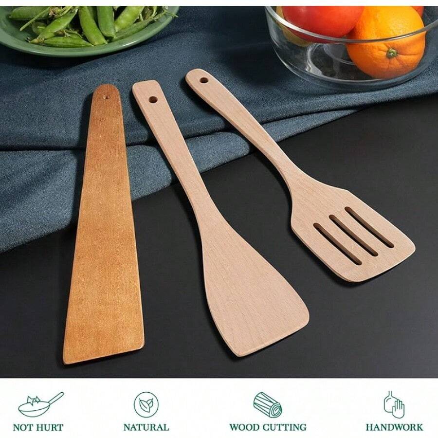 FG-Soup Spoons3cs Wooden Las, 12inch Long Handle Flat La Set Nonstick Ans, Multiuse Wooden Soons O, Wood O Utensil Frying, Fliing, Scing, And Rningdinnerware Gold Spoon