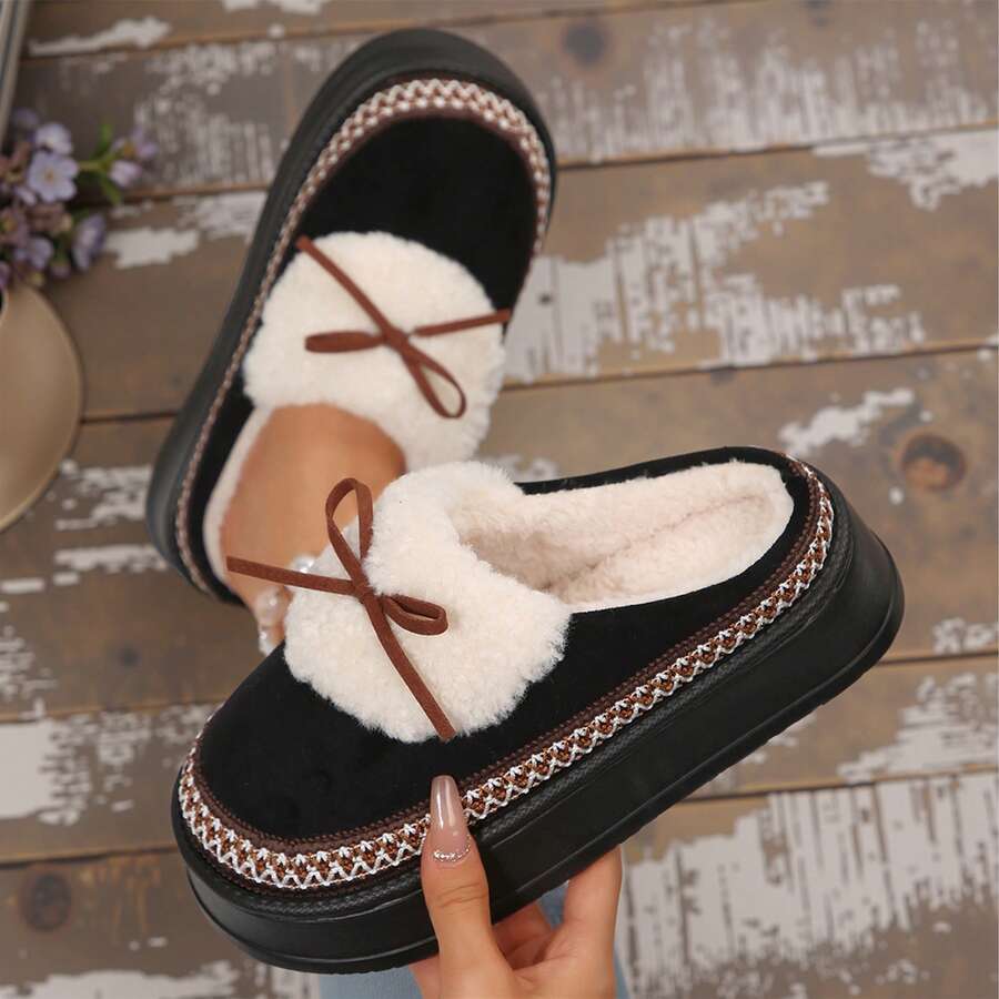 Womens Slippers Winter - Thick Flat Suede Shearling Shoes: Warm & Comfy Snow Shoes With Thick Soles, Short Boots Casual For Women - 黑色1 - 查看 1