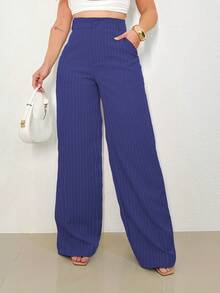 A&DD MODA, REF: H932(PLUS SIZE) - Plus Size Women's Striped Pants, Stylish Plus Size, High Waist, Wide Leg, Elegant, Casual, Formal, Lightweight, Modern, Comfortable, Women's Pants, Lightweight Fabric, Striped Print, Simple Look, Versatile, High Quality ✨ - 藏蓝色 - 查看 1