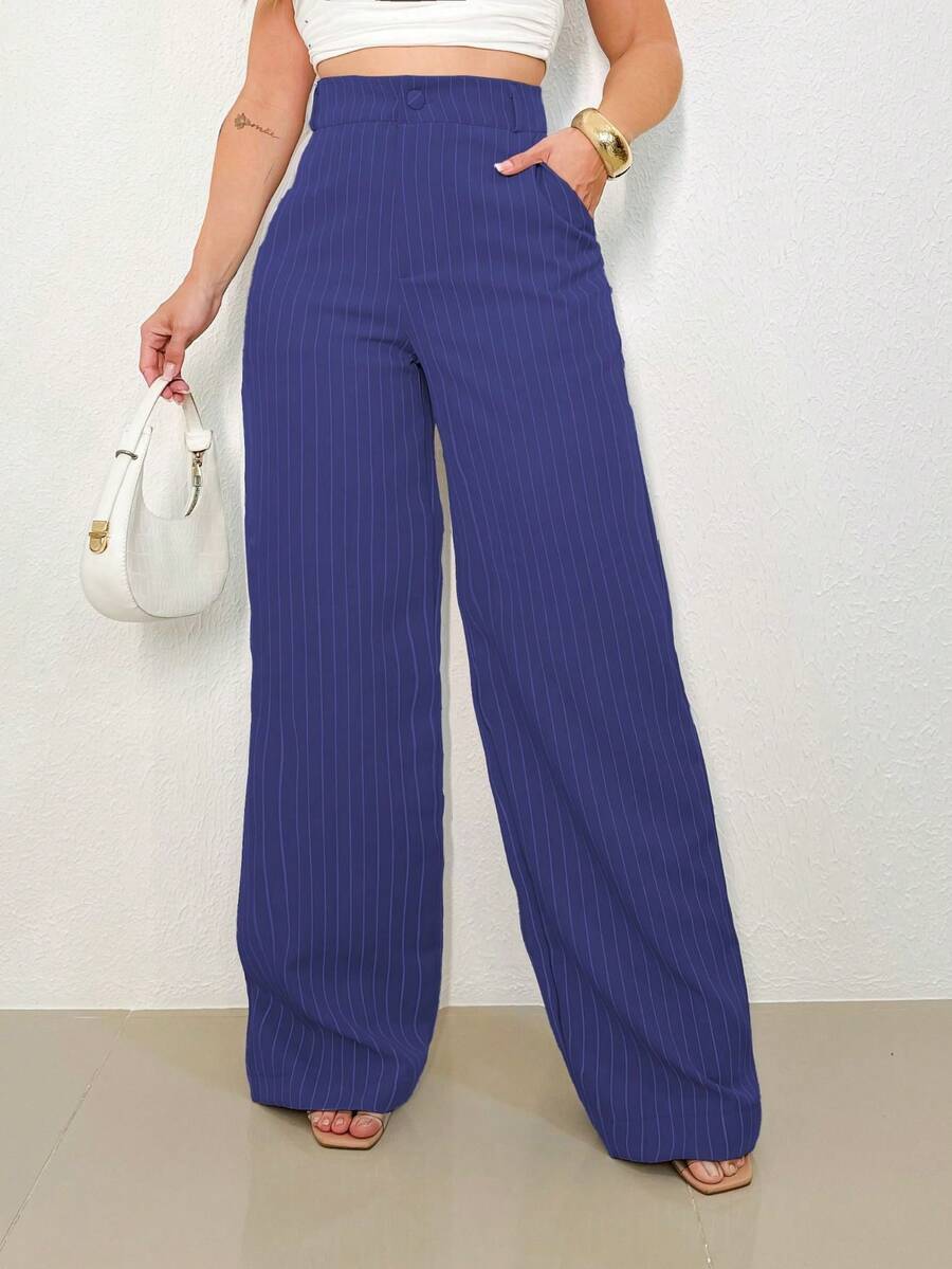 A&DD MODA, REF: H932(PLUS SIZE) - Plus Size Women's Striped Pants, Stylish Plus Size, High Waist, Wide Leg, Elegant, Casual, Formal, Lightweight, Modern, Comfortable, Women's Pants, Lightweight Fabric, Striped Print, Simple Look, Versatile, High Quality ✨ - 藏蓝色 - 查看 1