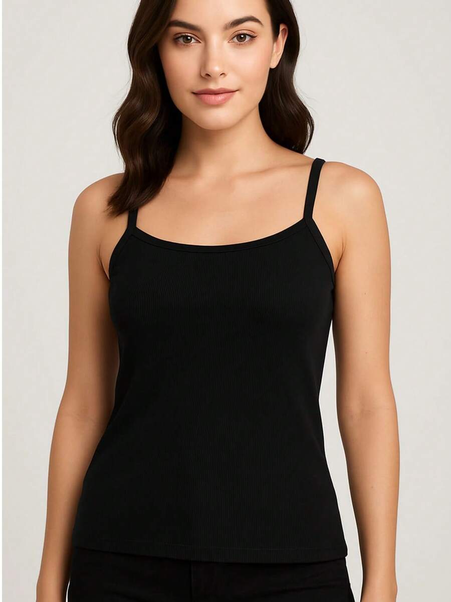 Basic Casual Polyester Sports And Fitness Ribbed Thin Strap Tank Top - 黑色 - 查看 1