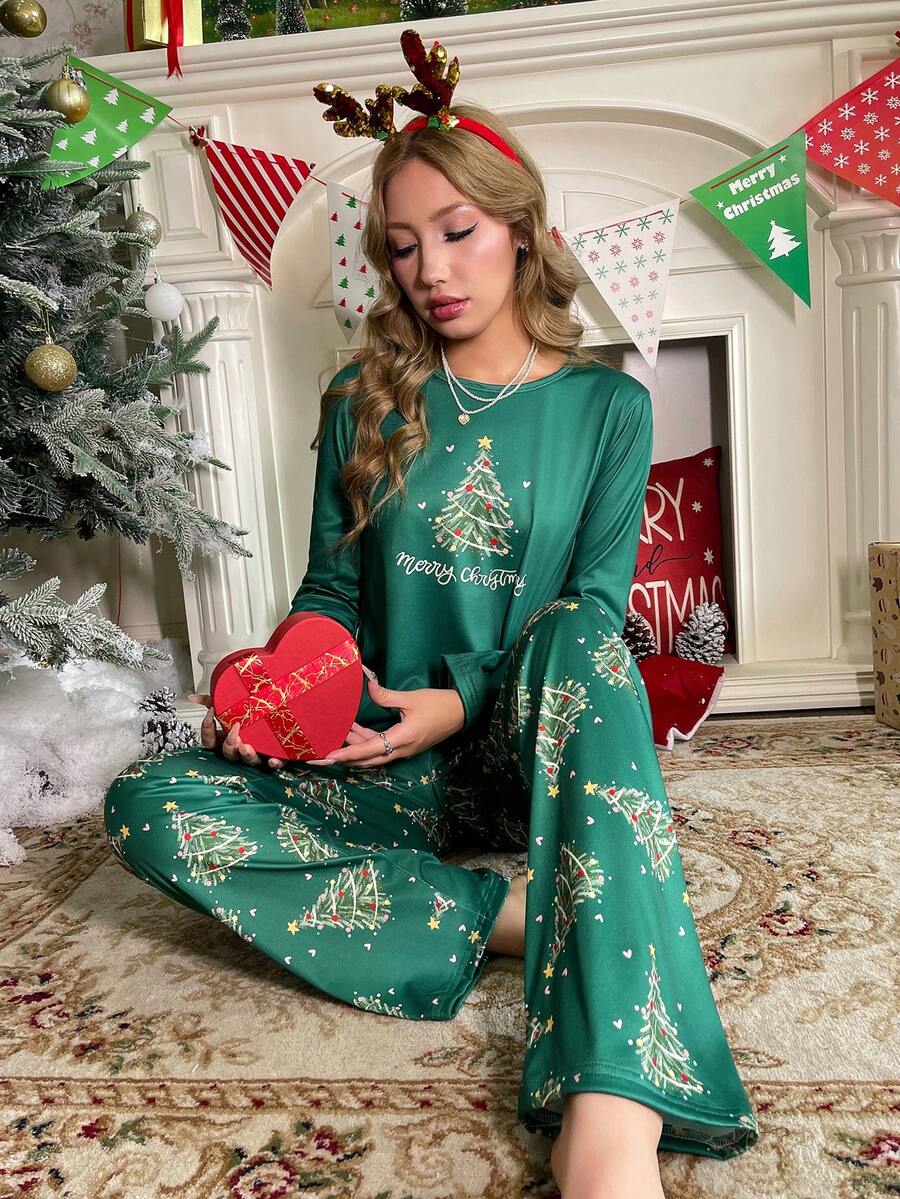2pcs Women Christmas Tree & Slogan Print Pajama Set, Loose Fit Round Neck Long Sleeve Top And Pants, Suitable For Party And Christmas Holiday Series, Winter Clothes - Green - View 1