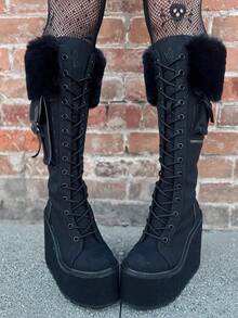 Punk Gothic Women Combat Boots Chunky Wedges Heel Fur Mid Calf Platform Luxury Winter Halloween Shoes Woman - màu đen - Xem 1