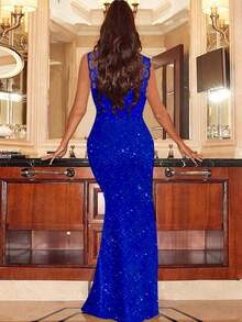 无袖蕾丝拼接性感纯色高开衩优雅荷叶边亮片长款派对连衣裙，女士情人节夏季礼物 - 藍色 - 查看 6