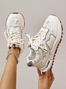 1 Pair Women's Mesh Casual Sneakers, Beige Color, Outdoor Lace-Up Round Toe Comfortable Athleisure Shoes, Versatile And Breathable Chunky Sneakers, All Season - Beige - View 3