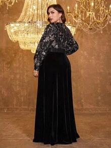 XUIBOL 亮片天鹅绒 V 领 A 字长袖大码正式晚礼服、派对礼服、婚礼宾客礼服、晚礼服 - 黑色 - 查看 3