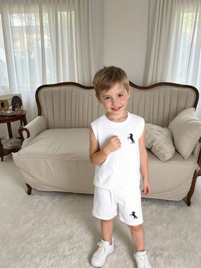 2pcs/Set Young Boy Fashionable Casual Sports Outdoor Soft & Breathable English Letter & Cartoon Horse Pattern Top & Shorts Set For Summer