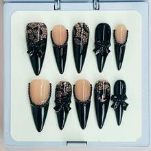 10 PCS Handmade 2025 Press - On Nails | LaceBow With Acrylic Lace And Bow Accents - màu đen - Xem 5