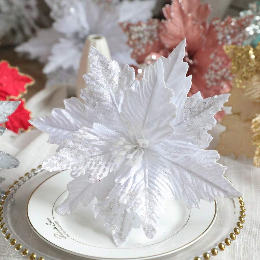 3pcs Shiny Gold Artificial Christmas Flowers With Multi-Layer Petals - Sparkling Fabric Holiday Decorations In White, Pink, Red And Gold Colors For Christmas Tree Or Winter Tablescape, Battery/Electricity-Free, Easy To Hang, For Year-Round Use On Thanksgiving, New Year, Easter, Valentine's Day Parties, Festive Home Decor, Lightweight Ornaments, Handcraft Details, Embellishments And Ideal For DIY Enthusiasts And Event Planners