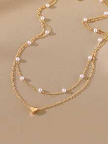 1pcs Heart-Shaped Pearl Pendant Necklace Set - Elegant Layering Jewelry For Women, Dainty Gold/Silver Necklaces For Daily Wear & Parties, Perfect Gift For Her - 金色 - 查看 3