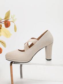 2025 年秋冬女士高跟圆头低帮鞋，交叉绑带设计，舒适松紧带，厚底鞋，香槟色闪光派对高跟鞋，粗跟鞋，玛丽珍鞋，T 台高跟鞋，香槟色鞋子，优雅，女士浅口鞋 - 香檳色 - 查看 4