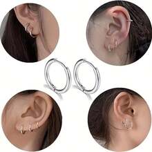 Pendientes de aro de acero inoxidable de moda unisex - Plateado - Ver 3