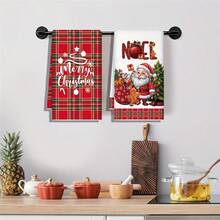 2pcs/Set Festive Christmas Kitchen Towel Rags, Santa Claus & Reindeer Design, Red Plaid With White Trim, Soft Microfiber Dishcloth For Cooking, Baking, Housewarming Gift, Holiday Bathroom & Kitchen Decor, Christmas Kitchen Decorations - Multicolor - View 7