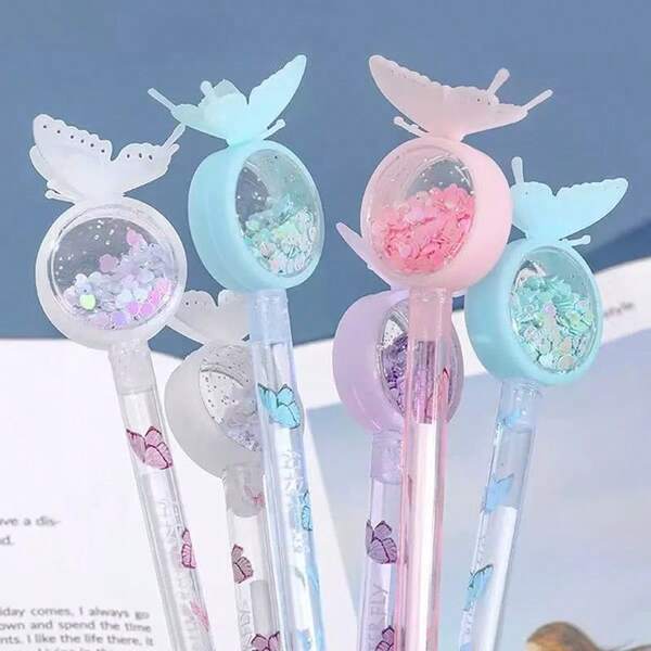 4pcs, Cute Butterfly, Cute Cat, Elk Horn Chrysanthemum Pattern Style Gel Ink Pen, Gel Pen, Ballpoint Pen, With Glitter, Stylish Black Writing Rollerball, Durable Student Plastic Materials, Party Stationery Gifts, Teens Adults, Boys And Girls At Home, Classroom, Final Exam, Office Universal Writing Pen, Writing Pen, Signature Pen, Christmas And Holiday Gifts