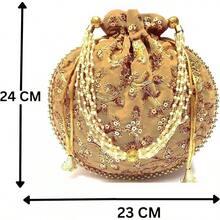 Women's Velvet Embroidered Potli Bag Purse Pouch Drawstring Bag Golden Work Wedding Gift For Women-2025 - 奶油 - 查看 5