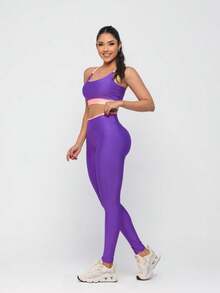 Premium Suplex Fitness Set With Pants And Non-Transparent Cup Top, Fitness Gym Clothing Kit, High Compression Leggings - 雙色丁香 - 查看 7