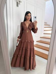 Women's Long Chiffon Dress With Long Sleeves, V-Neck, Ruffled Hem And Lining - Marrón - Ver 1