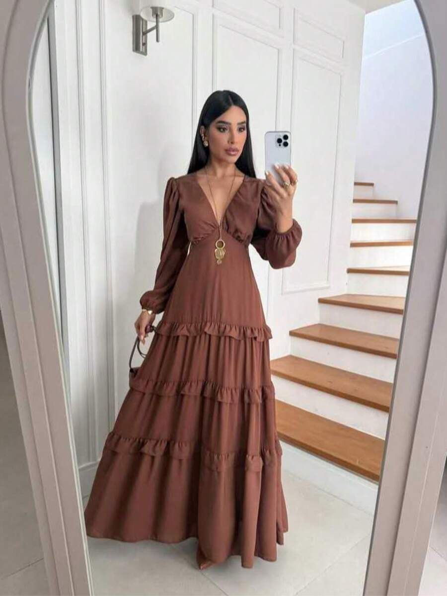Women's Long Chiffon Dress With Long Sleeves, V-Neck, Ruffled Hem And Lining - Marrón - Ver 1
