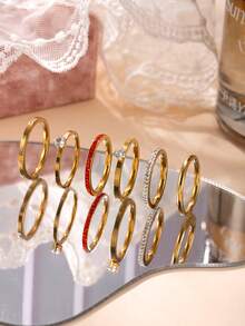 6/8件套时尚简约不锈钢镶钻抛光戒指套装，男女皆宜，适合日常佩戴、节日和约会场合，情人节礼物 - 金色 - 查看 10