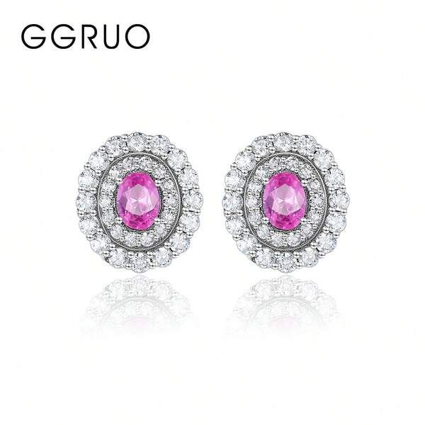 1Pair S925 Pink Earrings Vintage Luxury Round Studs Sweet Cute Dainty Women Jewelry For Ladies Bridal Wedding Party Elegant Valentine Day Gift